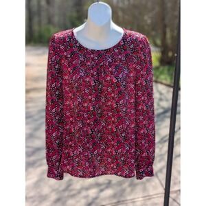 J.Crew Floral Blouse Women‎ Small Pink Red Long Sleeve Keyhole Back Top